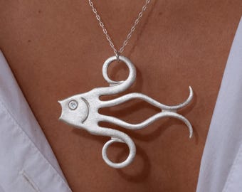 Handgeschnitzte schwere Sterling Silber Swirl Fisch Anhänger Halskette, einzigartiger handgefertigter Schmuck