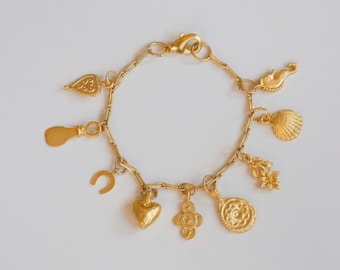 Matte Gold Lucky Charm Bracelet | Chunky Charm Bracelet | Unique Antique Gold Bracelet | Satin Gold Bracelet | Vintage Nautical Bracelet