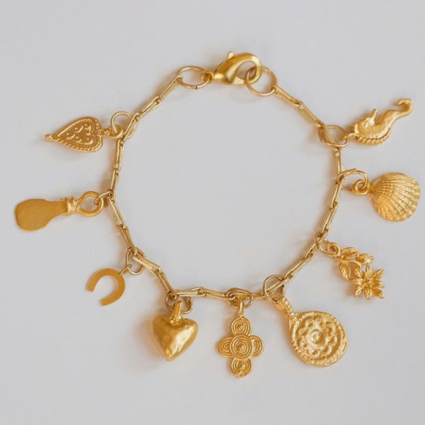 Matte Gold Lucky Charm Bracelet | Chunky Charm Bracelet | Unique Antique Gold Bracelet | Satin Gold Bracelet | Vintage Nautical Bracelet