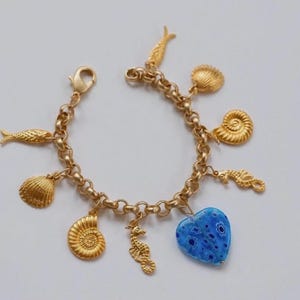Murano Glass Heart Charm Bracelet, Matte Gold Rolo Chain