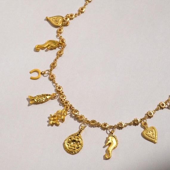 Matte Gold Lucky Charm Necklace Dainty Charm Necklace Unique Multi