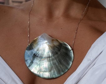 Schwarze Tahiti Muschelkette, 925 Sterling Silber, einzigartiger handgefertigter Schmuck