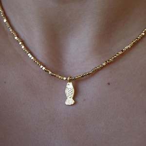 Gold Beaded Fish Charm Necklace, Dainty Boho Layering Necklace