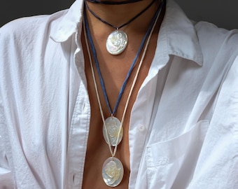 Mother of Pearl Flower Pendant Silk Cord Necklace, Adjustable Tie Choker, Unique Handcrafted Jewelry