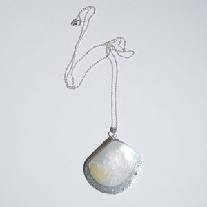 Puede incluir: Un collar de plata con un colgante nacarado en forma de concha. El colgante tiene un borde plateado con un diseño texturizado. La cadena es delicada y cuelga de la parte superior.