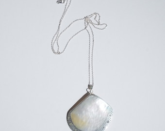 Vintage Perlmutt Muschel Lange Anhänger Halskette, 925 Sterling Silber, Einzigartige Handgefertigte Schmuck