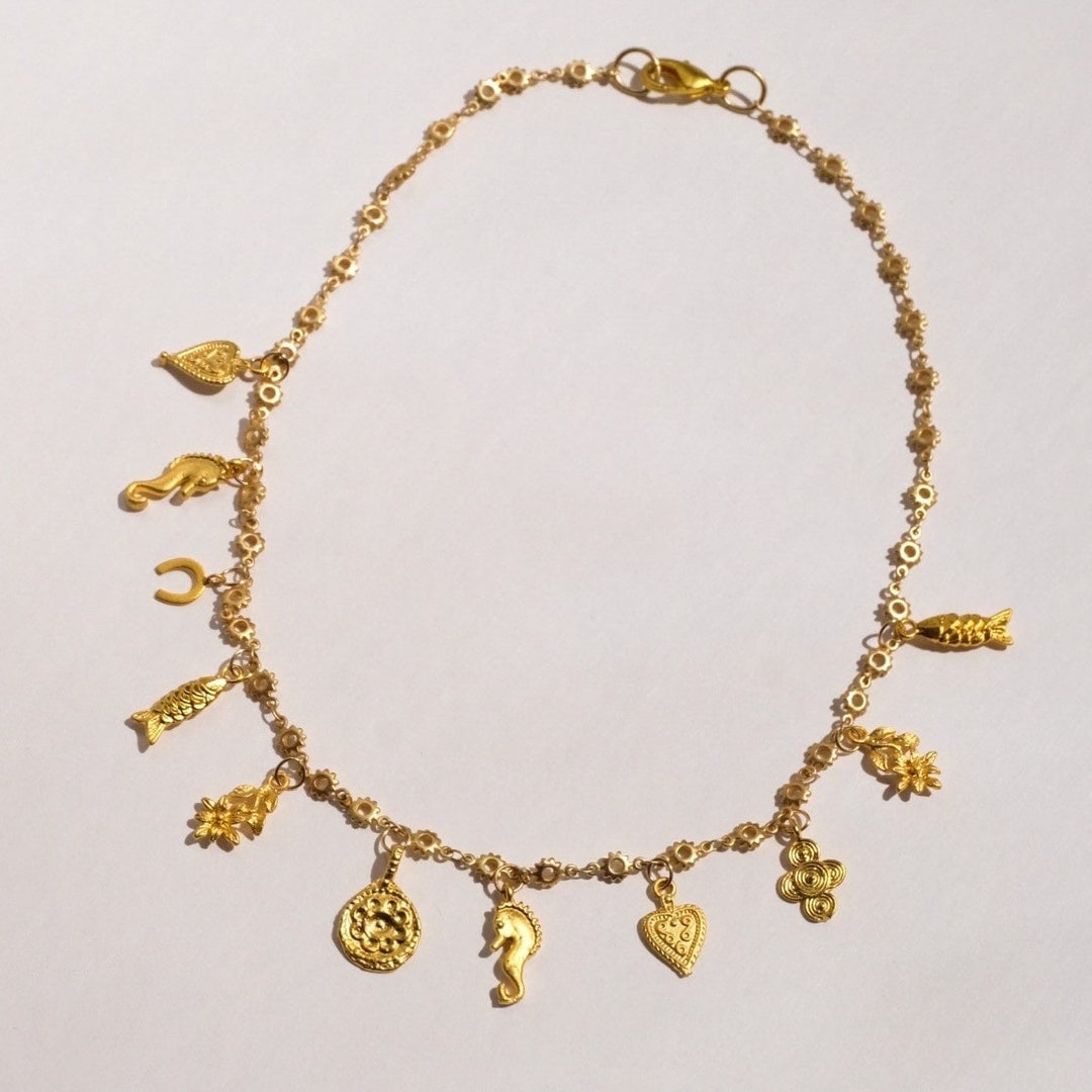 Matte Gold Lucky Charm Necklace Dainty Charm Necklace Unique Vintage Multi Charm Necklace ...