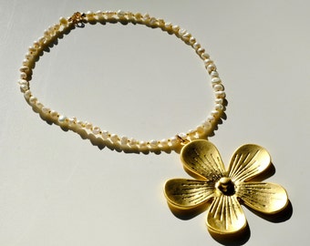 Matte Gold Large Flower Pendant Freshwater Pearl Necklace | Unique Statement Necklace | Antique Gold Pendant Necklace
