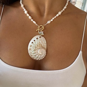 Abalone Shell Toggle Pendant Necklace, Freshwater Pearls