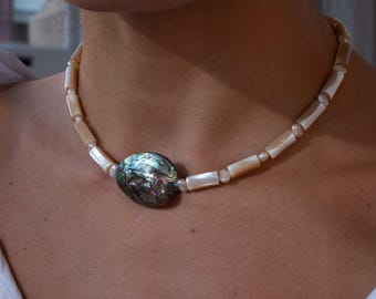 Vintage Abalone Perlmutt Tube Perlenkette, 925 Sterling Silber, Einzigartiger handgefertigter Schmuck