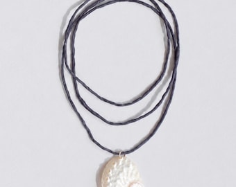 White Abalone Shell Pendant Silk Cord Necklace, Adjustable Tie Choker, Unique Handcrafted Jewelry