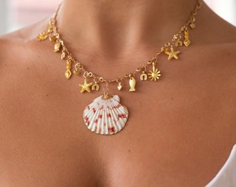 Scallop Shell Matte Gold Lucky Charm Necklace | Antique Gold Grecian Necklace | Unique Summer Statement Necklace | Chunky Pendant Necklace