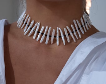 Stick Perle schwarze Onyx Collier Kette, 925 Sterling Silber