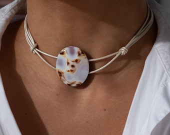 Vintage Kauri Muschel Oval Anhänger Halskette, Einzigartiger Handgefertigter Schmuck