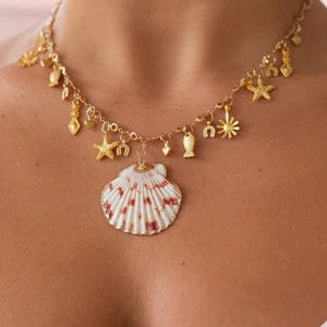 Scallop Shell Charm Necklace, Matte Gold Nautical Jewelry