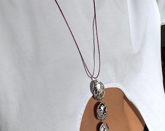 Vintage Puffy Abalone Trio Anhänger Lange Halskette, 925 Sterling Silber, Einzigartiger handgefertigter Schmuck