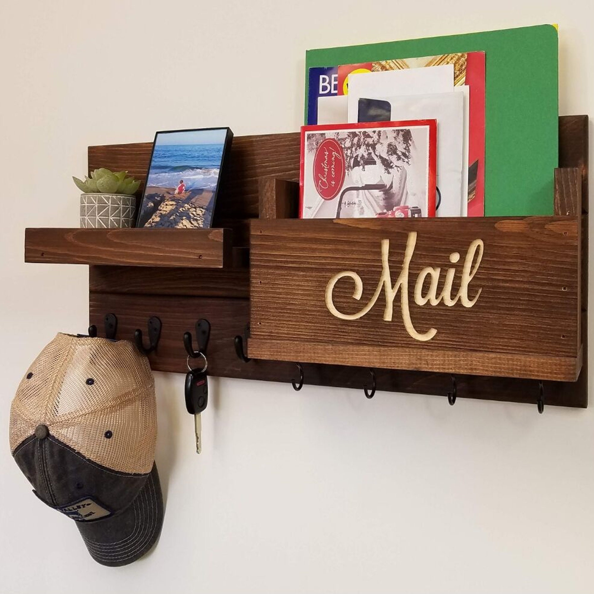 Wood Mail Organizer Wall Entryway Organizer Shelf Key Holder Etsy