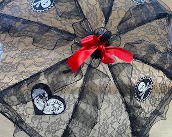 Goth Parasol: Black Lace Umbrella with Red Accents