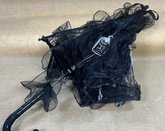 Goth Parasol: Black Lace Umbrella with Cat and Mystical Elements