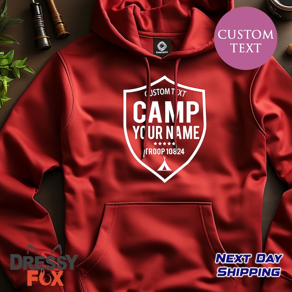 Custom Camp Troop Badge Hoodies, Personalized Camping Shirt, Camp Themed T-Shirt, Camping Friends Shirt, Camping Crew Sweatshirt Hoodies