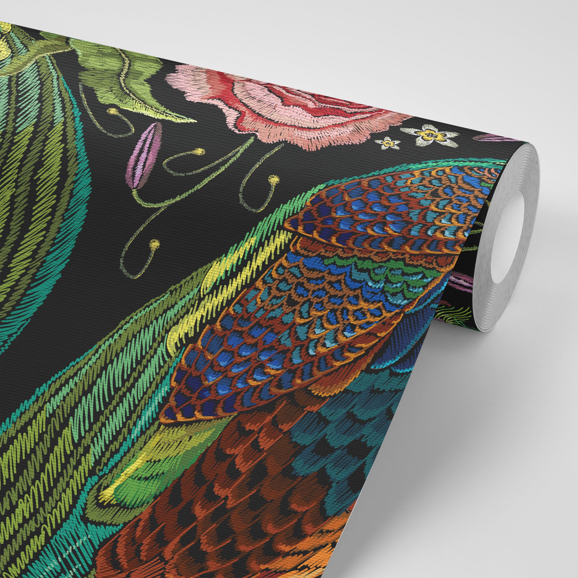 Embroidery Peacocks and Peonies Peel and Stick Wallpaper Etsy
