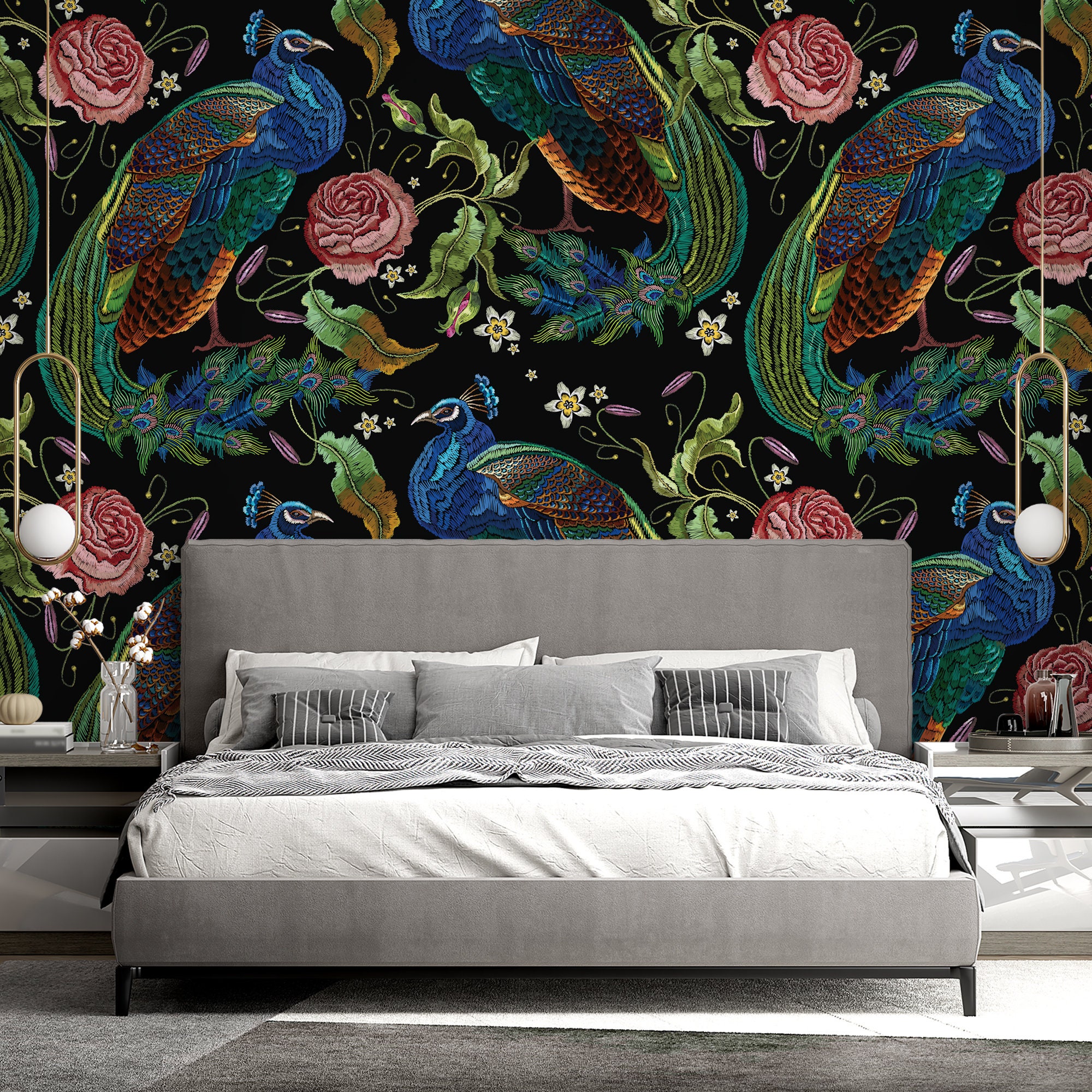 Embroidery Peacocks and Peonies Peel and Stick Wallpaper Etsy