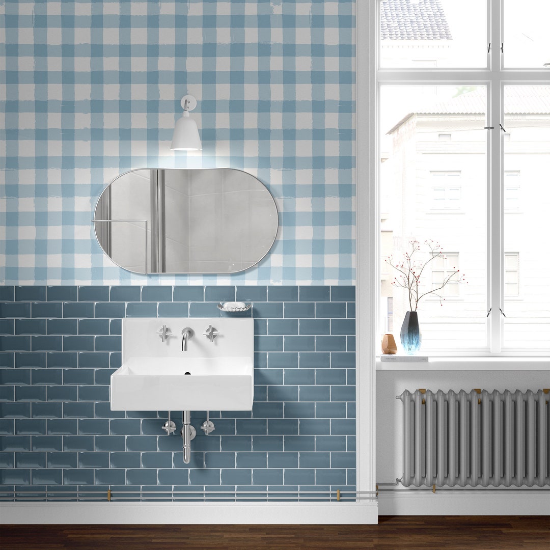 Blue Gingham Peel and Stick Wallpaper, Plaid Watercolor Stripes
