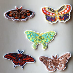 May include: Five embroidered iron-on patches featuring different butterfly and moth designs. The patches are white with colourful embroidery. The designs include a brown and orange moth, a blue and orange butterfly, a green and yellow moth, a red and black moth, and a brown and white moth.