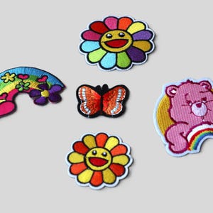 Lot de 5 pièces 30 pièces dessin animé rose arc-en-ciel ours papillon soleil brodé fer sur patch bébé enfants vêtements bricolage 4-7 cm