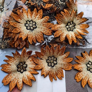 May include: Embroidered flower patches in shades of orange, cream, and black. The flower petals have a gradient effect, and the centre features a textured design. These patches are suitable for various craft projects.