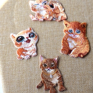 Set  of 4pcs   Yellow brown kitty  cat  embroidered iron on patch wholesale bulk lot    5-7cm 2-3inch