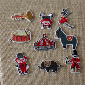 Set of  9pcs bulk lot  circus collection clown  drum elephant  embroidered self adhesive     iron on  stick on patch  3-4cm Journal card diy