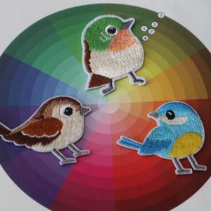 May include: Three embroidered bird patches on a colorful background. The birds are a brown and white sparrow, a blue and yellow bird, and a green and pink bird.