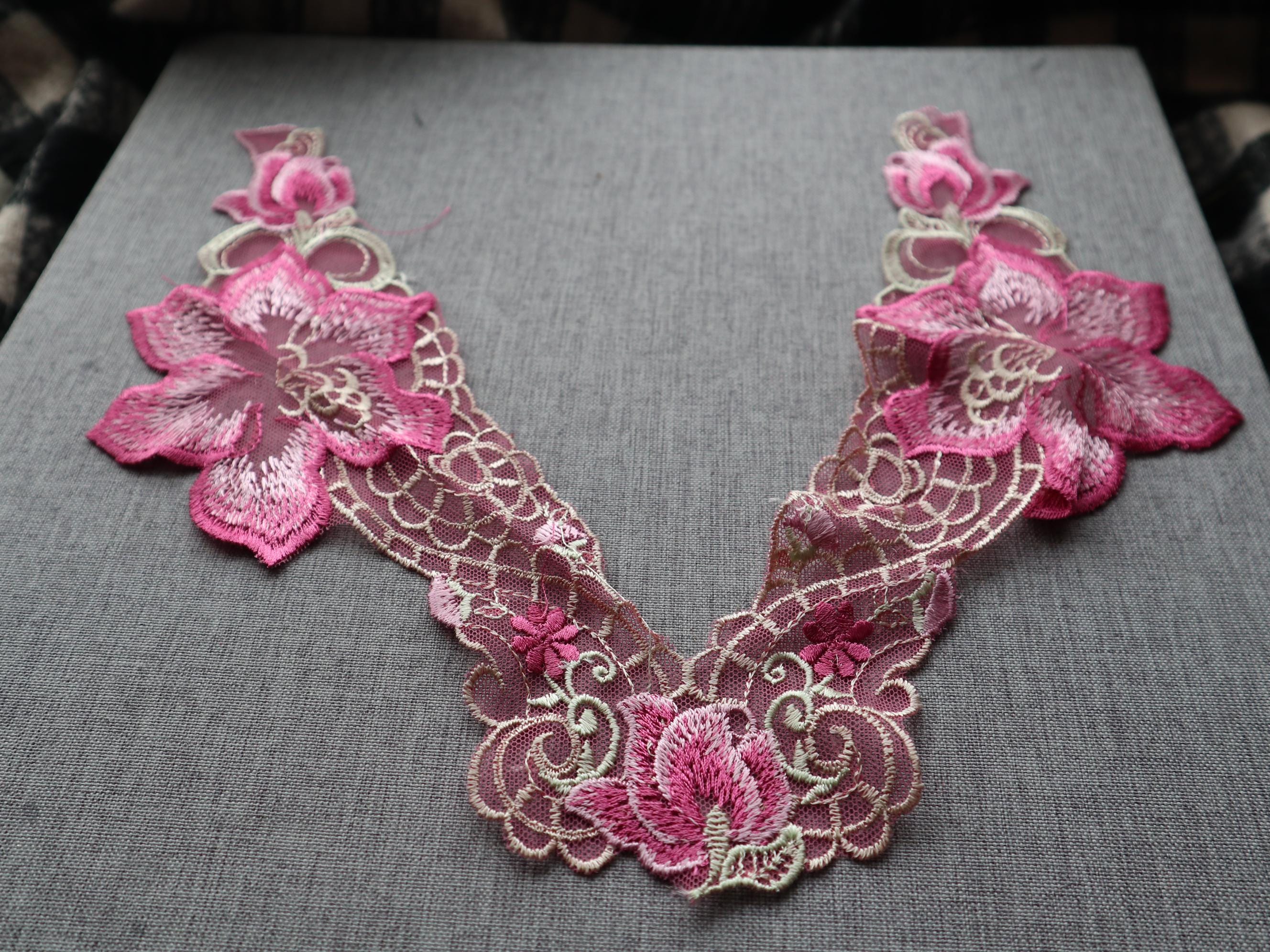 2pcs Pink Hot Pink Embroidered Flower Lace Collar Diy Sewing Lady