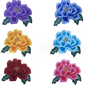 May include: Six embroidered iron-on patches featuring a peony flower design in different colours: purple, yellow, light blue, blue, red, and pink.