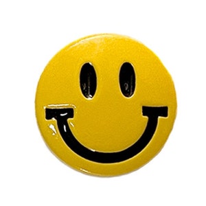 May include: A yellow smiley face with a black outline. The smiley face has two black eyes and a wide black smile.