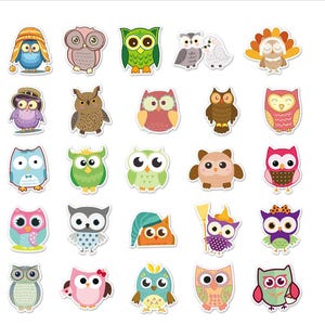 Lot de 50 autocollants en vinyle hibou dessin animé pour bouteille d'eau, bagagerie hydraulique, moto, mur, cahier, cadeau de bricolage 5-8 cm