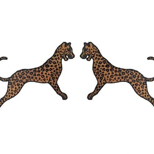 May include: Two brown and black leopard print animal silhouettes facing each other. The leopards are in a leaping pose with their tails curled.