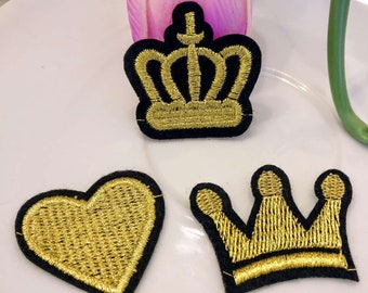 Set of 3pcs   60pcs  bulk lot    mini  golden gold  heart crown    embroidered    iron on patch, diy craft  3-4cm