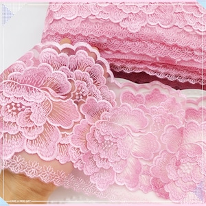 1 yard pivoine rose vif fleur brodée dentelle garniture bricolage couture robe de poupée de mariage 14-15 cm environ 6 pouces