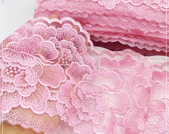 1yard 5yards Hot pink peony flower  embroidered    flower lace trim diy sewing wedding doll  dress 14-15cm about  6inch