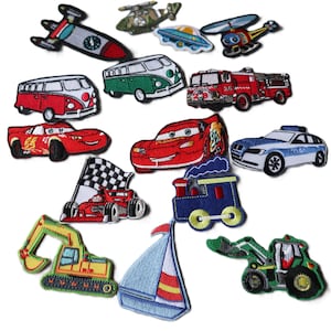 Set of  15pcs bulk lot bus  racing car truck fire engine  boat   embroidered  iron on   patch boys apparel favor  about   5-8cm wholesale