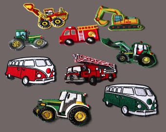 Set of  9pcs  45pcs  bulk lot   truck excavator fire truck fire engine embroidered iron on patch  diy kids boys apparel 5-7CM