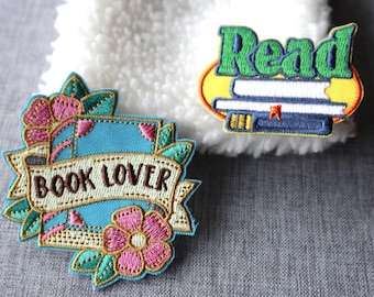 Set of  2pcs  30pcs bulk lot read   Book   blue pink floweral Book Lover  embroidered iron on patch diy backpack   about 7cm