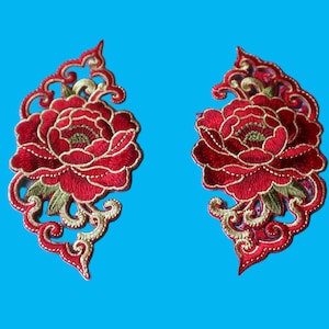 Set of 2pcs (pair) mirror  bulk lot  white  blue  Peony  flower green leaves  embroidered  iron on sewing on  patch    12.5x6cm