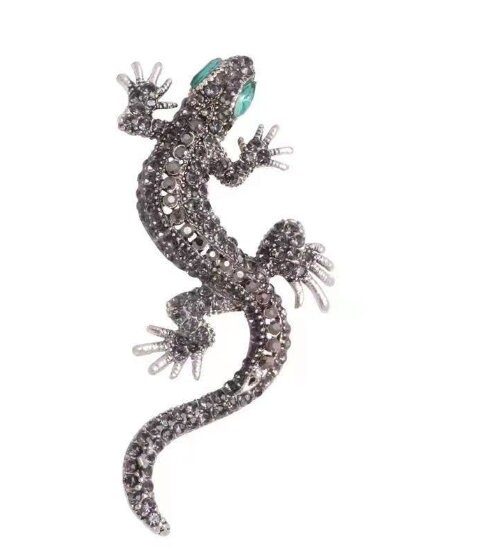 Broche et pendentif en métal émaillé lézard strass fantaisie environ 3 x 7,5 cm - France