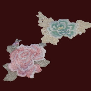Set of 4pcs  40pcs bulk lot   high quality embroidered pink green lace peony  flower    sewing on patch  wedding dress bridal  9-12cm
