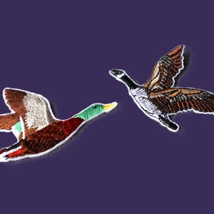 May include: Two embroidered patches of flying ducks. One is a brown and white mallard duck, the other is a brown and gray Canadian goose.