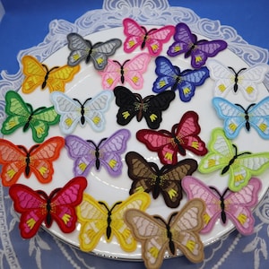 May include: Assortment of colourful embroidered butterfly iron-on patches. The patches feature various colours, including red, orange, yellow, green, blue, purple, pink, and black.