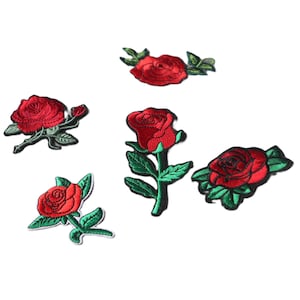 May include: Five embroidered rose patches featuring vibrant red petals and green leaves. The collection includes various orientations of blooming roses, some with stems and others as flower heads, all showcasing detailed thread work and stitching.